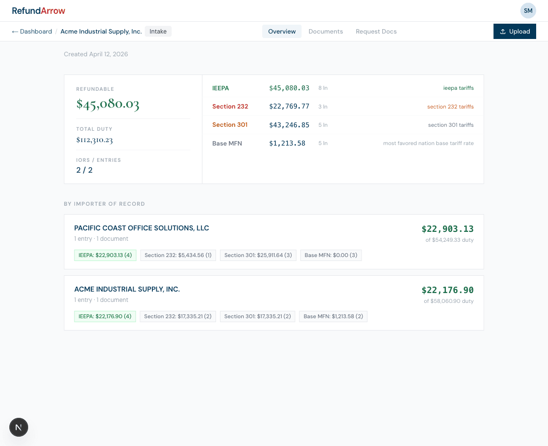 RefundArrow platform showing IEEPA tariff duty analysis across customs entries